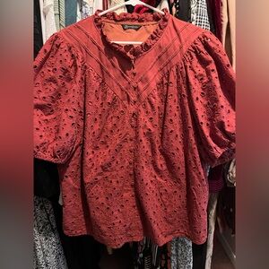 Women's Eyelet Puff Sleeve Top - Red